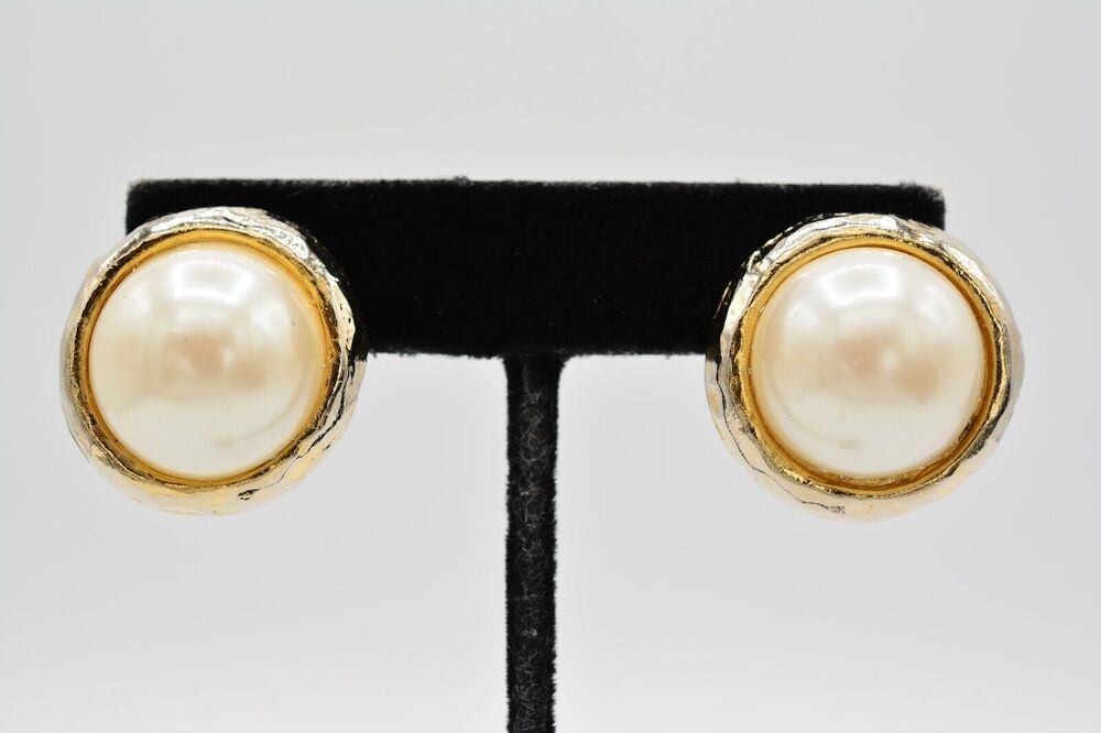 Donald Stannard Vintage Clip On Earrings Pearl Gold Tone Chunky Signed 80s BinAK